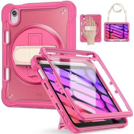 TECH CIRCLE for iPad mini (A17 Pro) 8.3" 2024/iPad mini 6th Gen 2021 Case with Built-in Screen Protector,Shockproof TPU+PC Case Hand Strap Kickstand Cover with Shoulder Strap,Rose