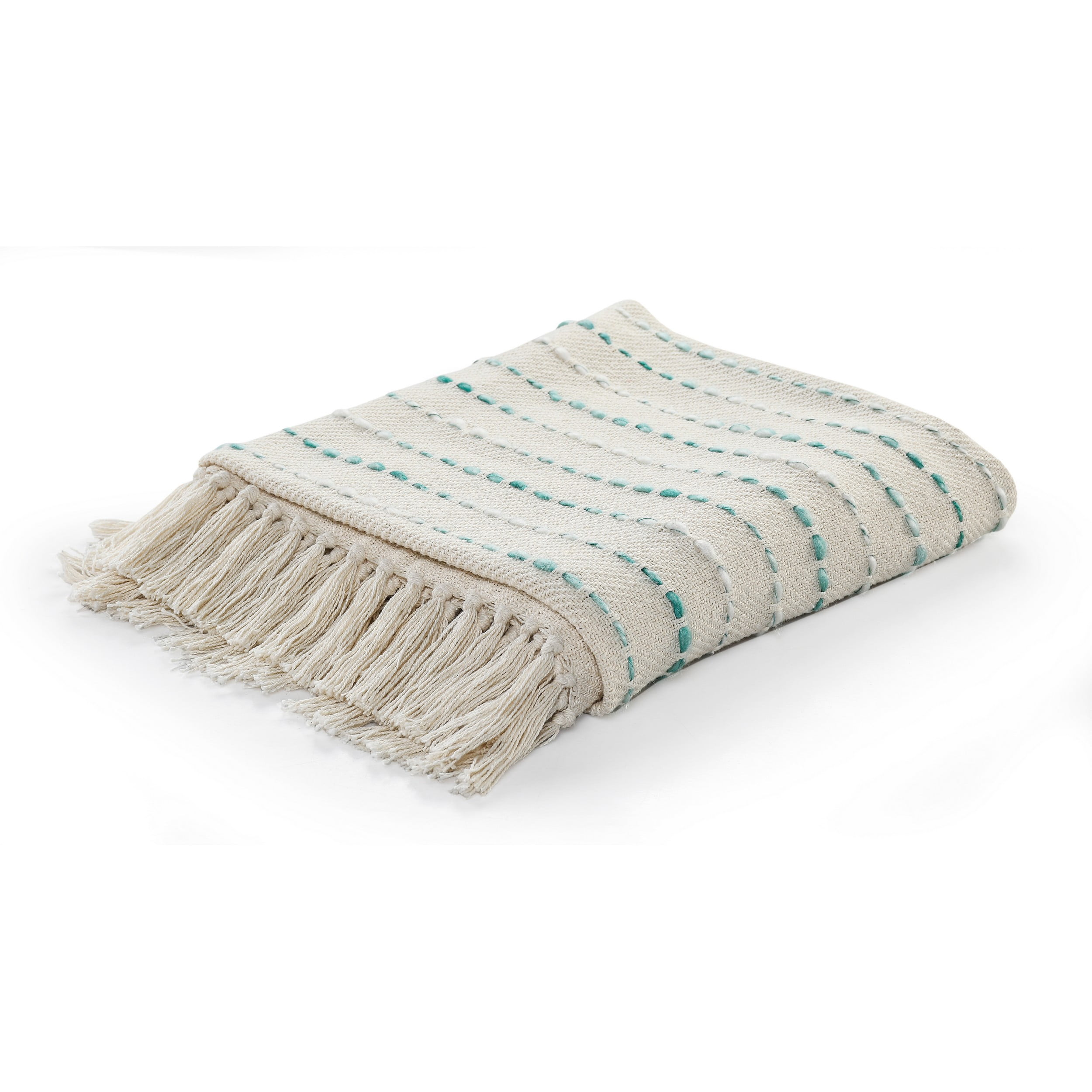 LR Home Melanie Teal/Cream Striped Embroidered with Fringe Adult Cotton Throw Blanket, 50" x 60"