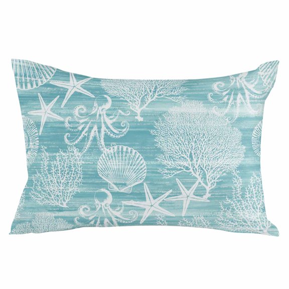 Turquoise Coastal Throw Pillow Cover 20 x 36 Inch Decorative Pillow Cover Nautical Coral Starfish Shell Octopus Sea Lumbar Pillowcase Seasonal Rectangle Cushion Case for Couch Sofa Bed Living Room
