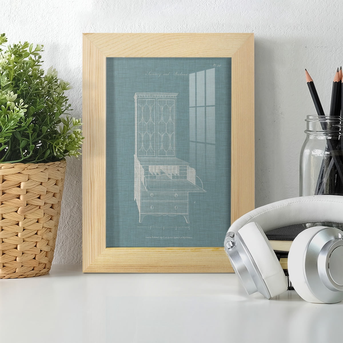 Hepplewhite Desk & Bookcase I - Framed Print w/glass - Natural Wood