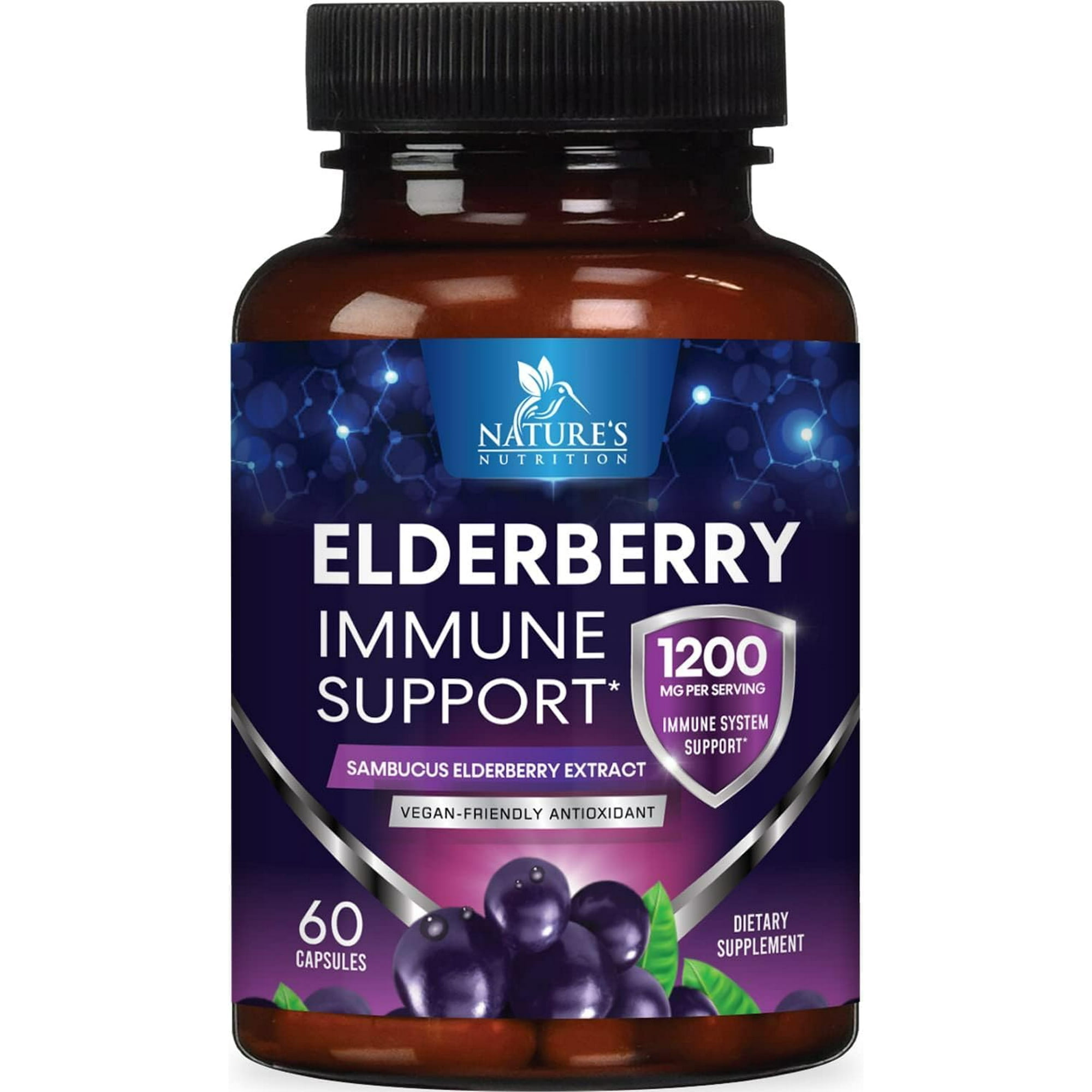 Elderberry Immune Support 1200mg Capsules - Natural Daily Wellness with Concentrated Sambucus Black European Elderberry Fruit Extract - Antioxidant Vitamin Supplement, USA Bottled - 60 Capsules