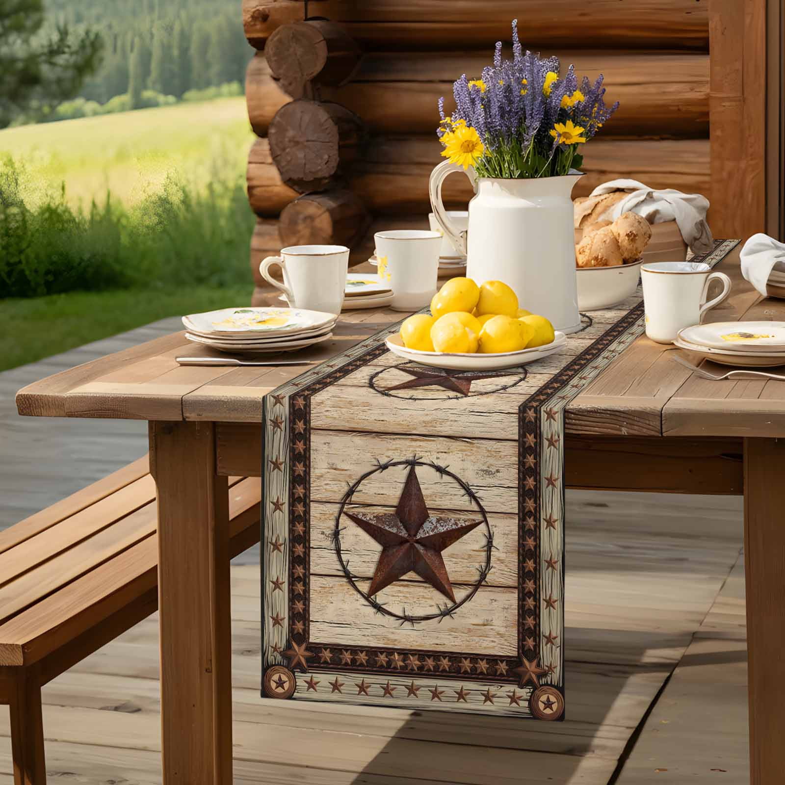 Retro Rustic Texas Country Star Table Runner 90 Inches Long, Farmhouse Vintage Wood Barn Table Runners Tabletop Scarf Kitchen Dining Tables Decoration for Home Party Indoor Outdoor