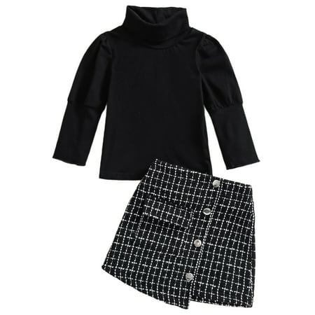 

Sunisery Infant Toddler Kid Baby Girl Plaid High Neck Knitwear Irregular Hem Skirt Sets Black 3-4 Years