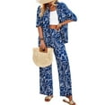 thumbnail image 3 of Womens Summer Print 2 Piece Pajama Sets Short Sleeve Button Down Outfit Long Pants Sleepwear Set Navy Blue M, 3 of 9