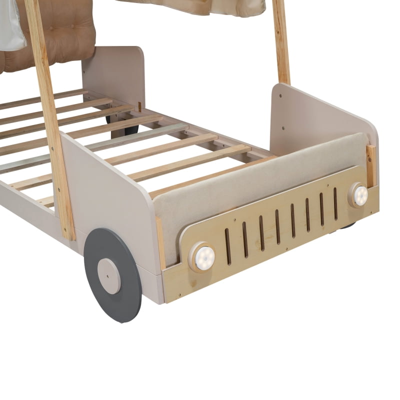 [Luckynote]Wood Twin Size Car Bed with Pillow, Ceiling Cloth and LED, Natural