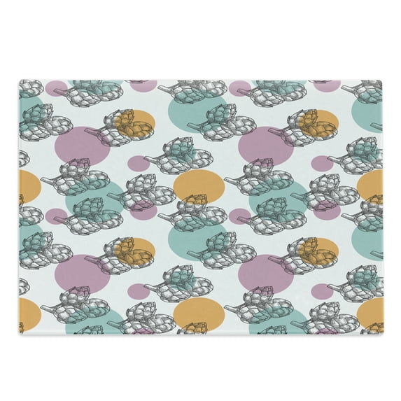 Artichoke Cutting Board, Vintage Inspired Dotted Backdrop with Black and White Artichokes, Decorative Tempered Glass Cutting and Serving Board, Large Size, Turquoise Apricot, by Ambesonne
