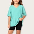 thumbnail image 2 of Girls 2pc Outfits Summer Short Sleeve V Neck Drop Shoulder T-Shirts Basic Leggings Shorts Sets Mint Green 6-7 Years, 2 of 7