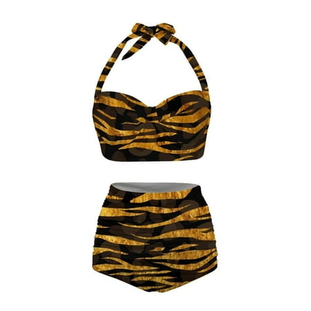 NETILGEN Tiger Stripe Print Halter Tankini Swimsuits for Women  2Pcs Set Self-Cultivation Ladies Swimsuit Coverup  High Waisted Thong Bikini Sets for Women