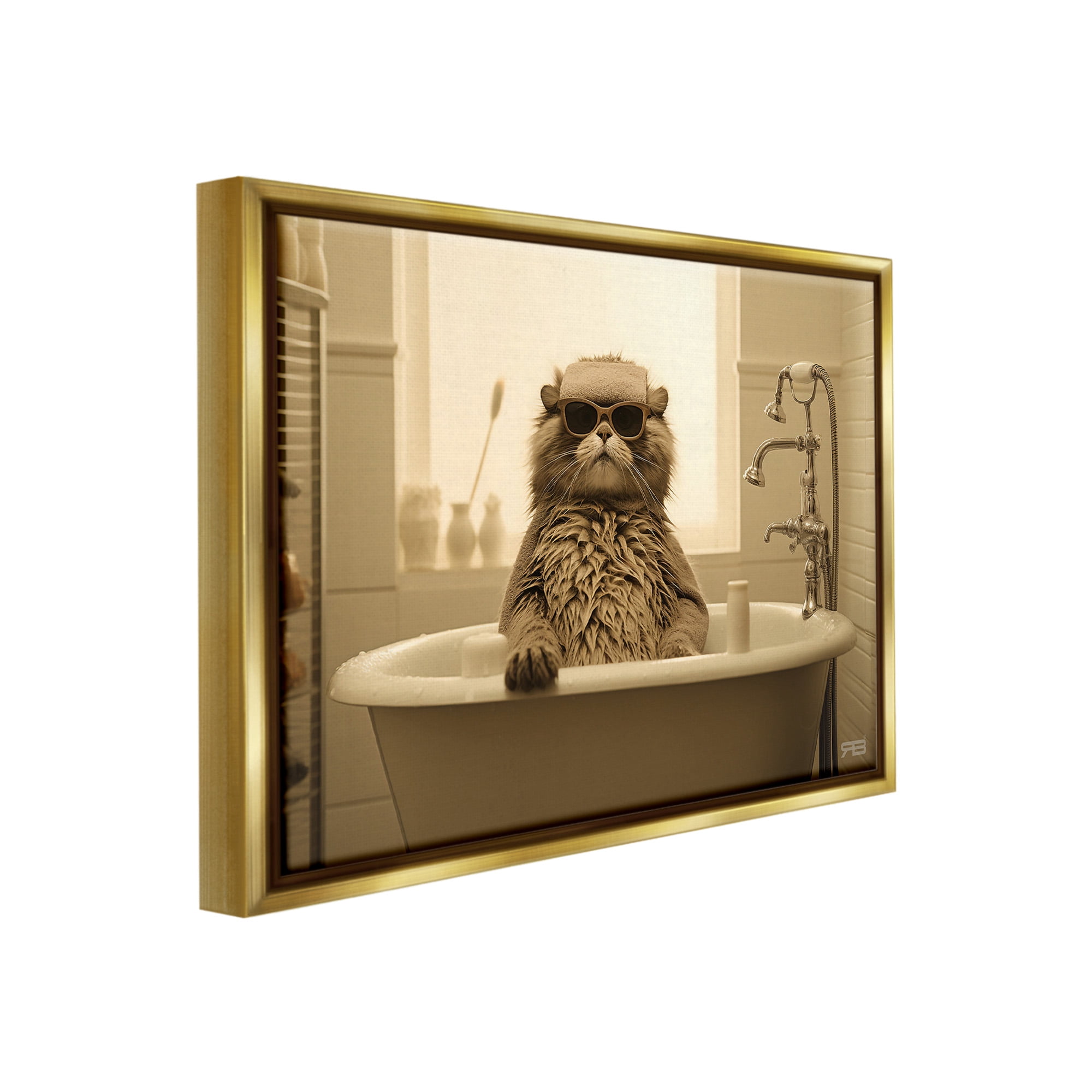Stupell Industries Cool Cat in Bathtub Animals & Insects Painting Gold Floater Framed Canvas Art Print Wall Art, 21 x 17