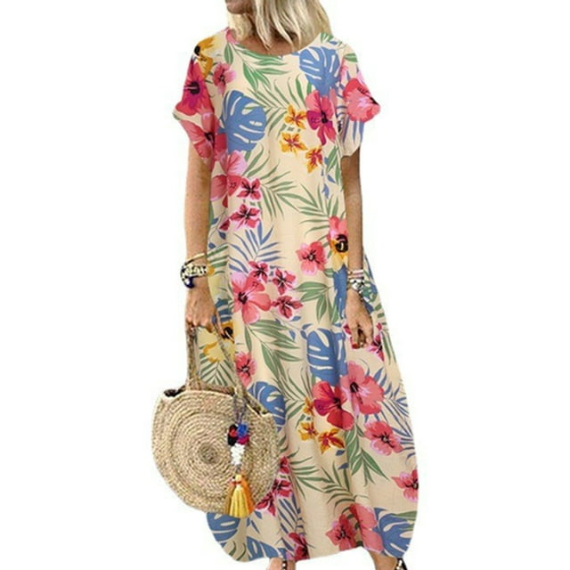 Bellella Robe Longue pour Femmes Manches Courtes Maxi Robes Imprimé Floral Été Plage Robe Kaftan Col Rond Vacances Abricot 5TG