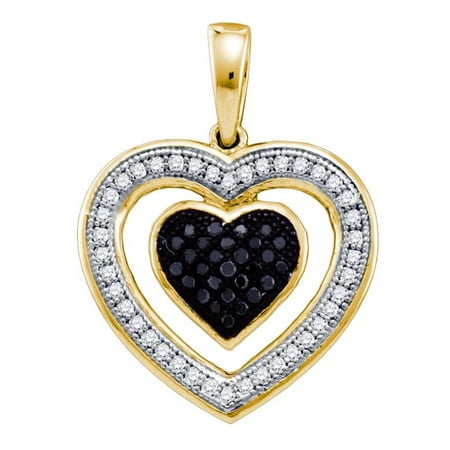 10kt Yellow Gold Womens Round Black Color Enhanced Diamond Framed Heart Pendant 1/5 Cttw