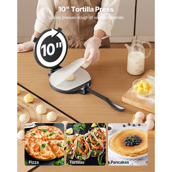 Tortilla Press, 10 Inch Cast Iron Tortilla and Roti Maker, Heavy Duty Tortilladora Press, Pataconera Makers with Handle and 100 Pcs Parchment Paper, Dough Taco Press for Flour Tortilla, Tawa