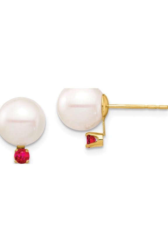 14K Yellow Gold 8-8.5mm White Round Freshwater Cultured Pearl Ruby Post Earrings Made In Canada xf754e/r