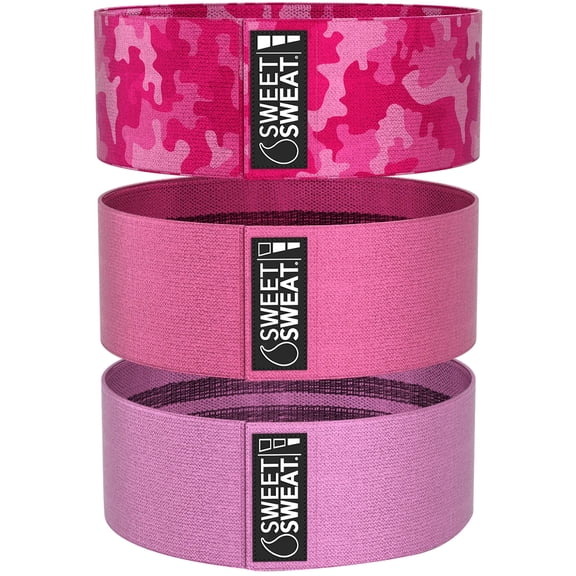 Sweet Sweat Hip Bands with 3 Levels of Resistance | Non-Slip Fabric Booty Bands for Squats & Lunges | Includes Free Mesh Carrying Bag (Pink)