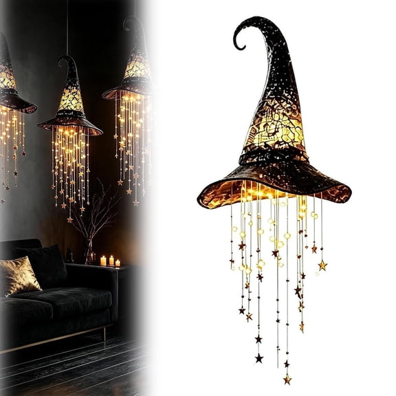 Lighted Witch Hat Hanging Chime, LED Halloween Light Up Hanging Decor with Star Garland for Outdoor Porch Tree Yard Party, 15.55 in, 1Pc, by Zovey