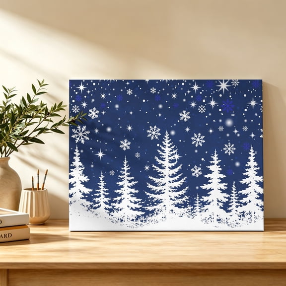 Navy Blue Christmas Tree Canvas Wall Art, Winter White Pine Forest Snowflakes Wall Art Prints Artwork Framed Canvas Ready to Hang Art Pictures for Bedroom Living Room Closet Kitchen 16" x 12"