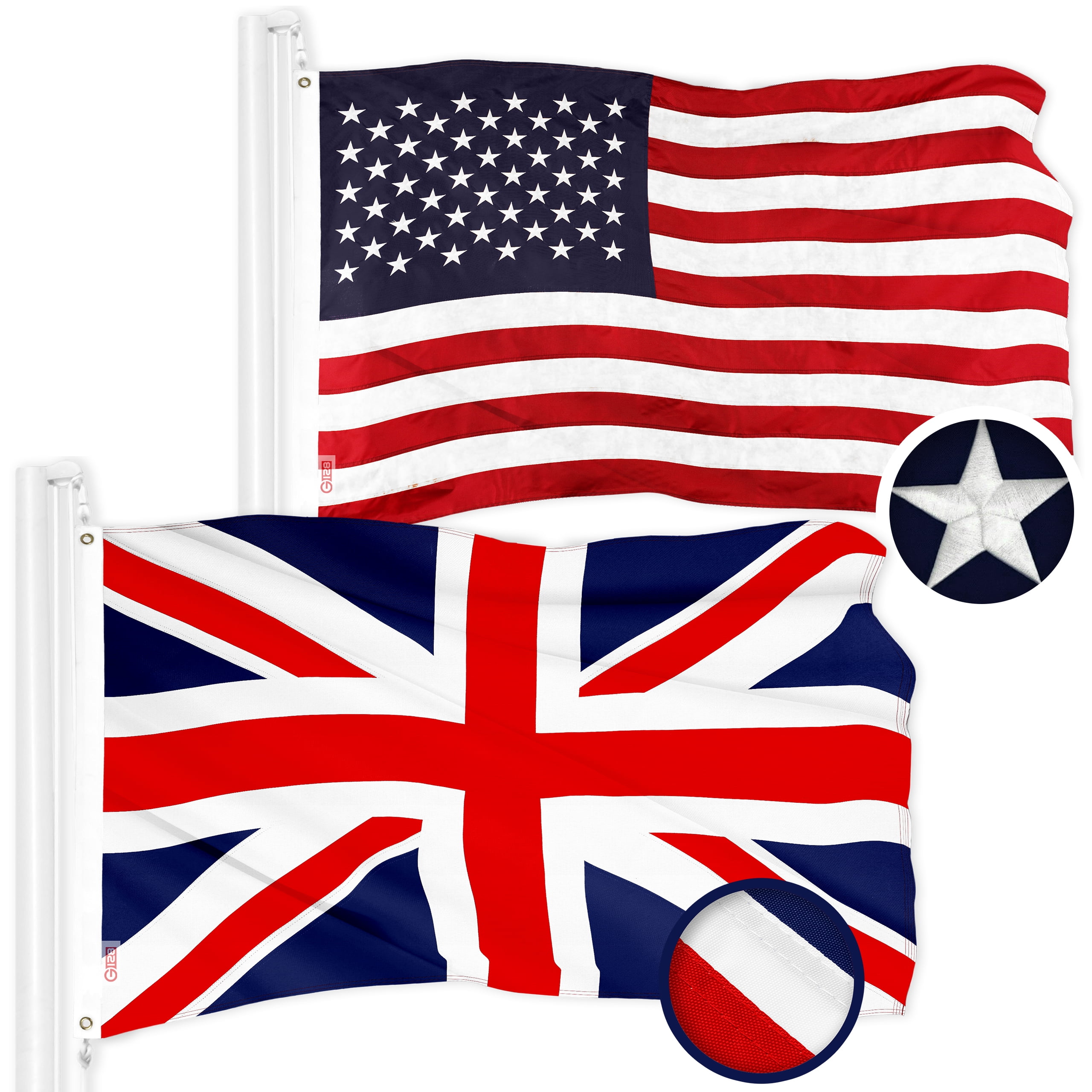 G128 Combo Pack: American USA Flag 3x5 Ft  United Kingdom UK Flag 3x5 Ft  Both ToughWeave Series Embroidered Polyester, Brass Grommets