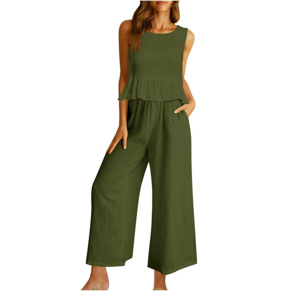 JINMGG Two Piece Outfits Women, 2023 Fashion Fall Clearance 2PC Fashion Woman Round Neck Cotton Linen Solid Sleeveless Cotton Linen Blouse Loose Pockets Pants Sets Army Green S