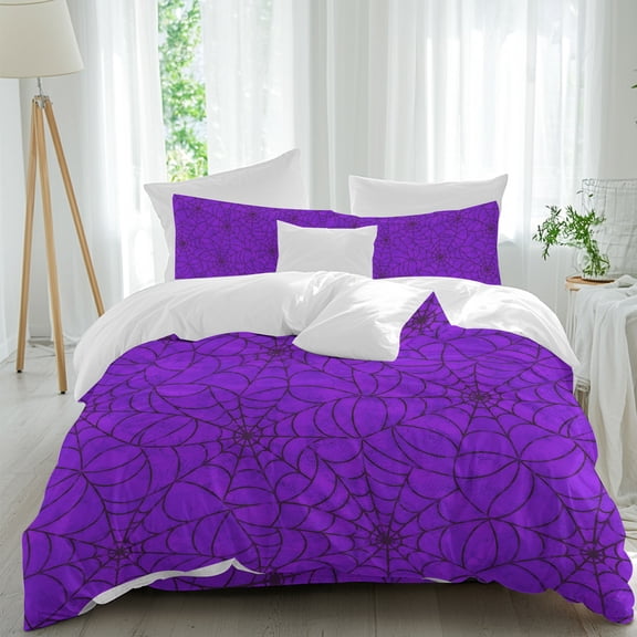 Halloween Twin Duvet Cover Set, Minimalist Dark Purple Cobweb Vintage Spooky 4 Piece Microfiber Bedding Set with Zipper Closure, Bed Sheet and 2 Pillow Shams, Soft Bedding Cover