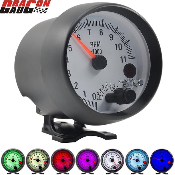 Dragon 3.75 Inch Racing Car Tachometer Gauge 7 Led Colors 0-11000 Rpm For 1/2/3/4/5/6/7/8 Cylinder Black Shell White Face Meter
