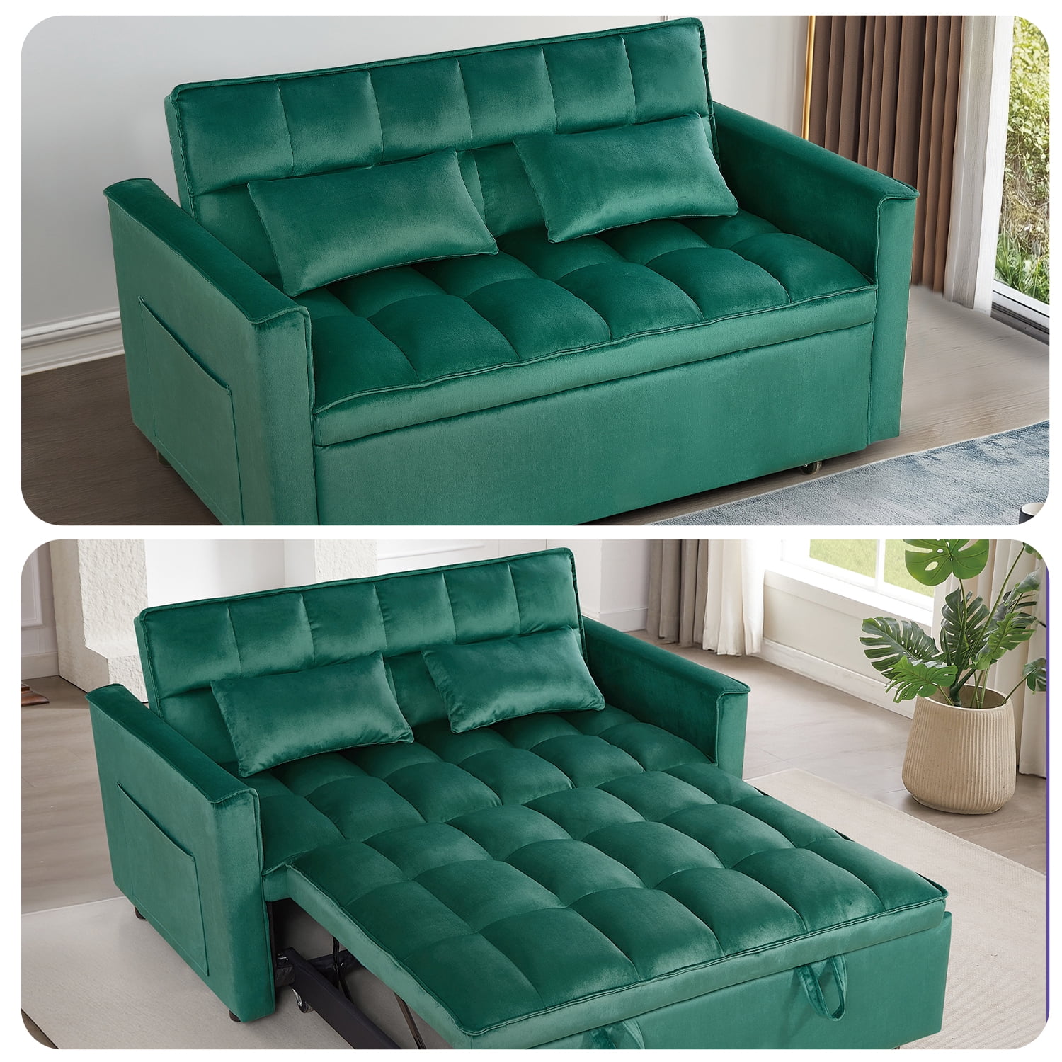 3-IN-1 Convertible Sofa Bed | Compact 2-seater sofa bed | 53.5-inch Velvet Fabric Sofa | Suitable for apartments, small flats, motorhomes, children's rooms, client reception areas, office rest areas,