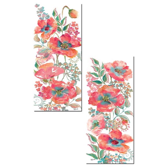 Gorgeous Bohemian Watercolor-Style Teal and Pink Poppy Panels by Tre Sorelle Studios; Two 8x18in Poster Print