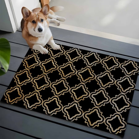 Abstract Geometric Washable Entry Rug 2x3 Modern Gold and Black Retro Plaid Texture Low Pile Indoor Door Mat with Rubber Backing Thin Area Rug for for Entrance, Bedroom, Kitchen, Laundry, Bathroom