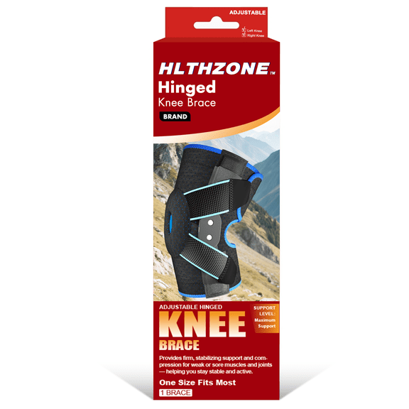 HLTHZONE Hinged Knee Brace with Side Stabilizers for Knee Pain – Adjustable Knee Support for Meniscus Tear, Arthritis & ACL, Fits 12"–23", Black/Blue