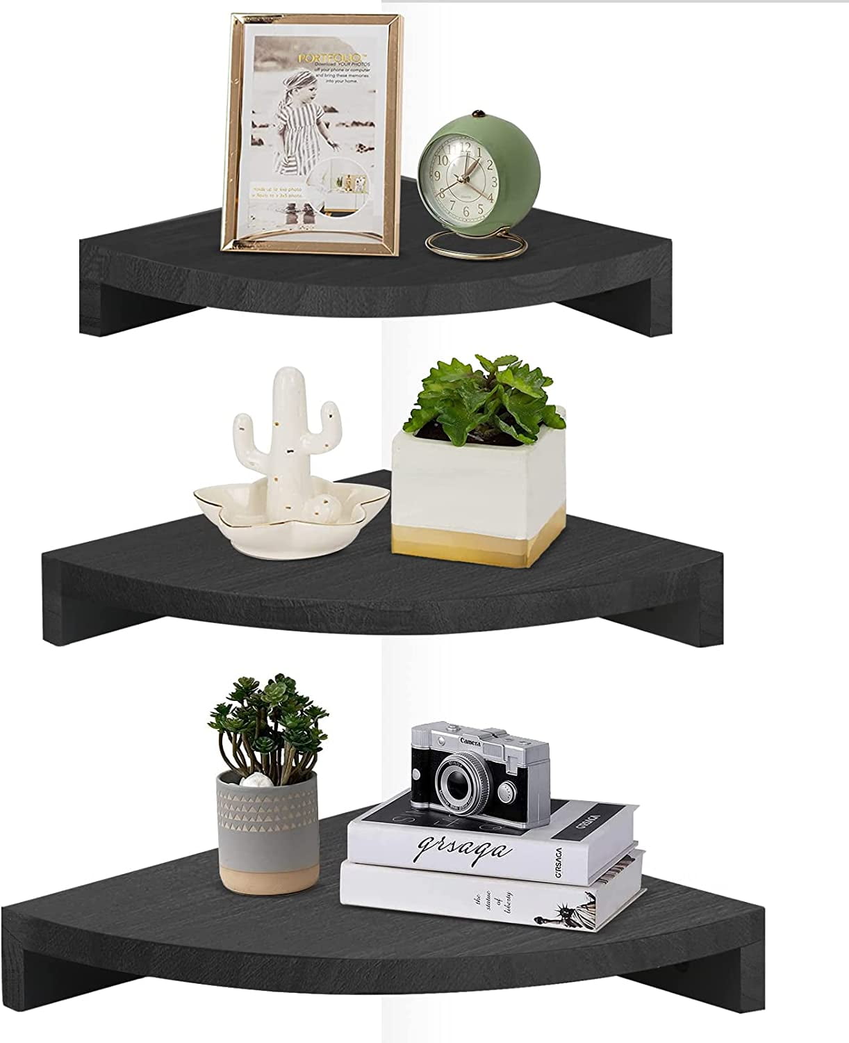 Black Corner Shelves Mount Set of 3, Rustic Wood Corner Floating