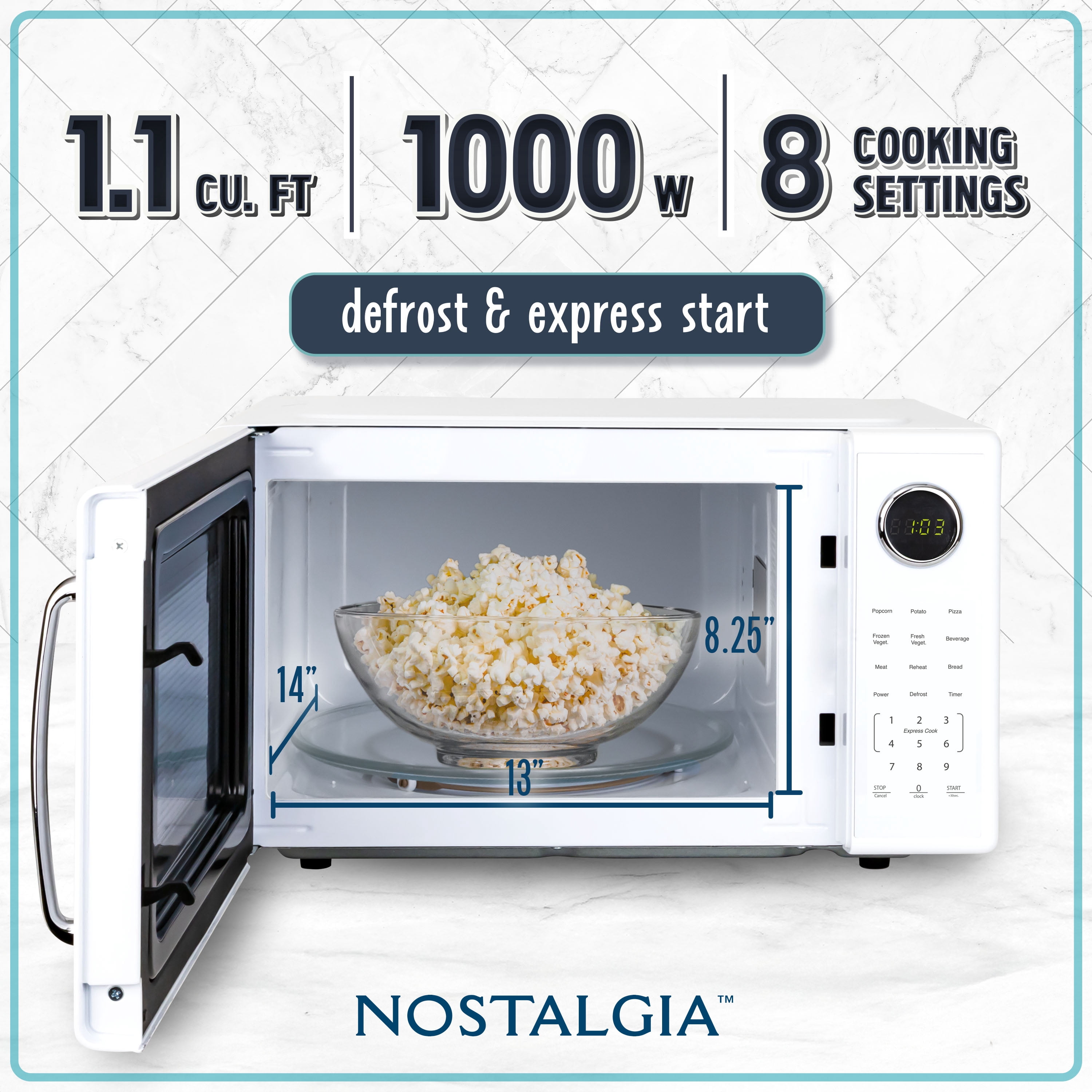 Nostalgia 1.1 cu ft Retro Microwave Oven, 1000W Countertop Microwave Oven with 8 Auto Cook Programs, White