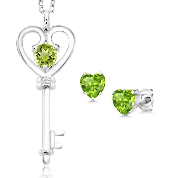 Gem Stone King 925 Sterling Silver Round Green Peridot Pendant and Earrings Jewelry Set for Women (1.50 Cttw, Gemstone Birthstone, with 18 inch Chain)