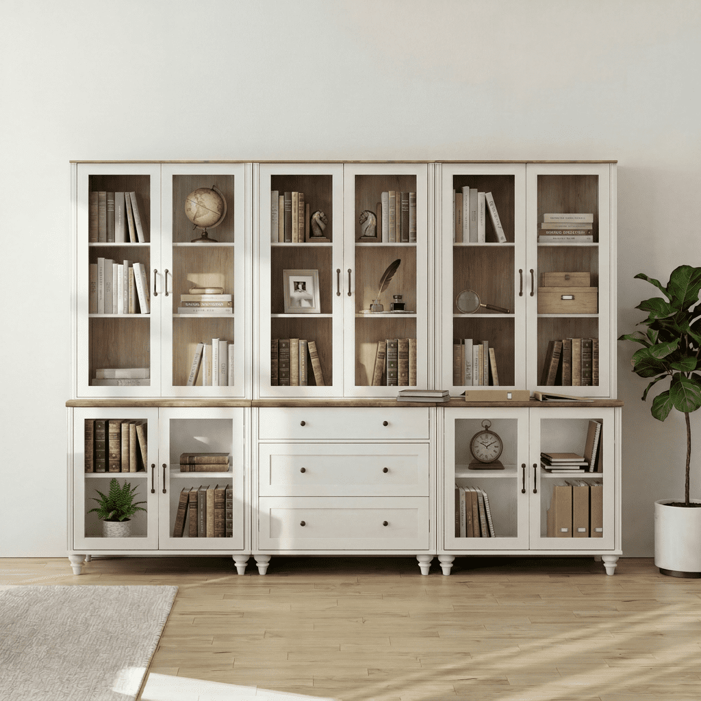 White Large Bookcase with Glass Doors, Bookshelf with Ample Storage Cabinets, Farmhouse Library Wooden Bookshelves for Living Room, Office, Kitchen
