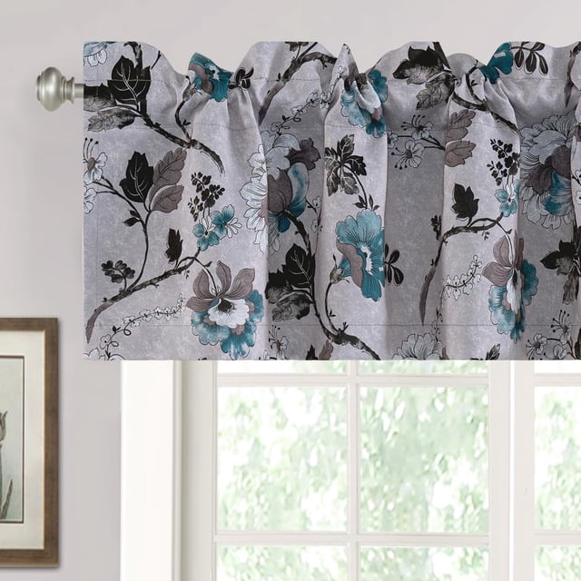Cortina con cenefa H.VERSAILTEX Blackout, 52 x 46 cm, diseño floral, gris y verde azulado