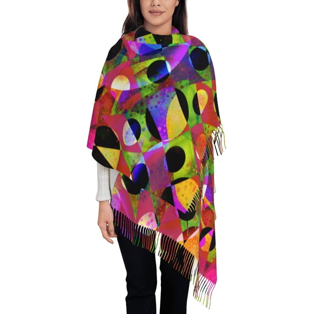 Foulard à Franges pour Femmes, Châle Long Géométrique Abstrait en Forme de Vague, Léger et Chaud