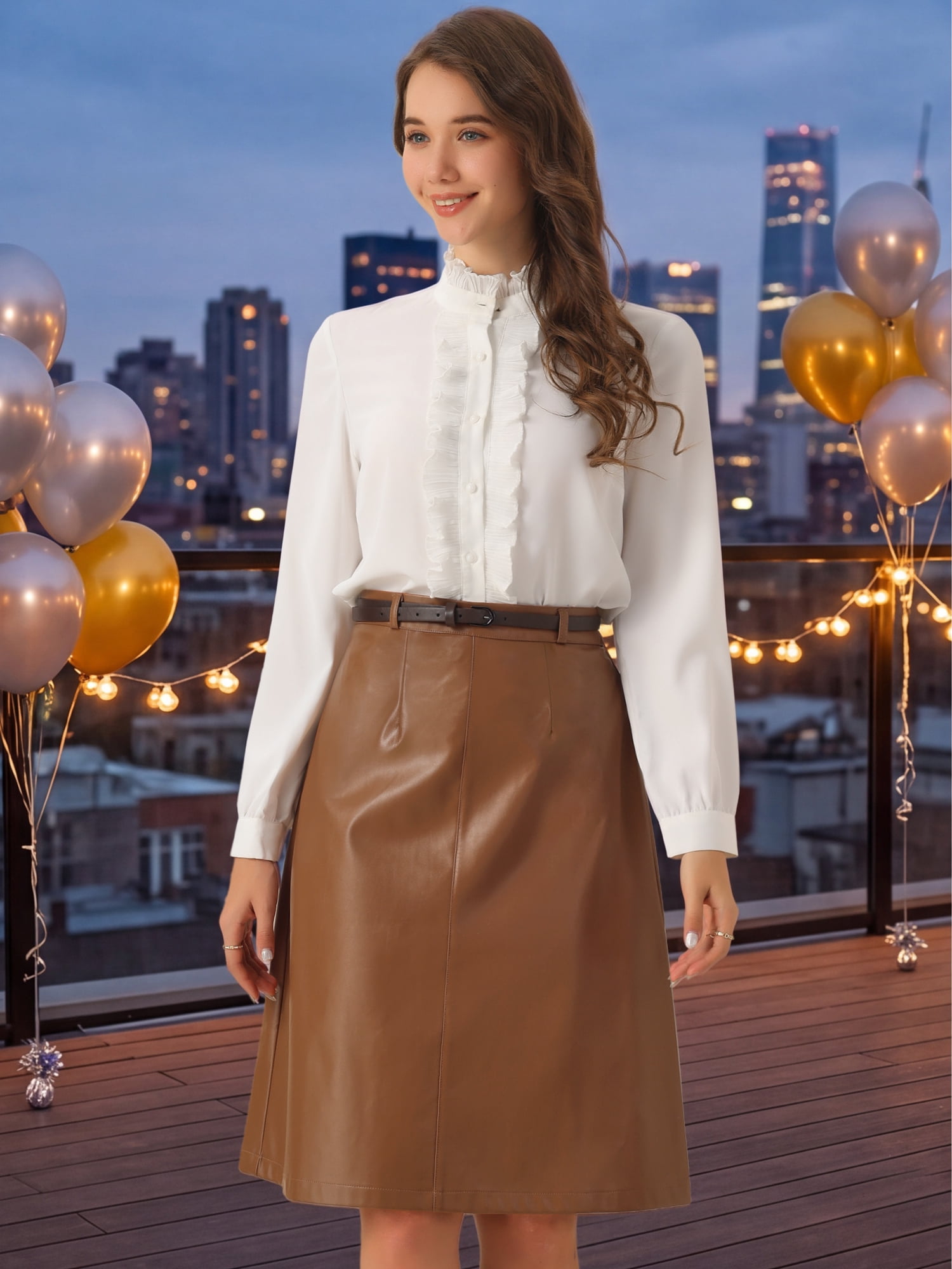DARING DIVA Women A-Line High Waist PU Faux Leather Belted Midi Skirt XL Dark Brown