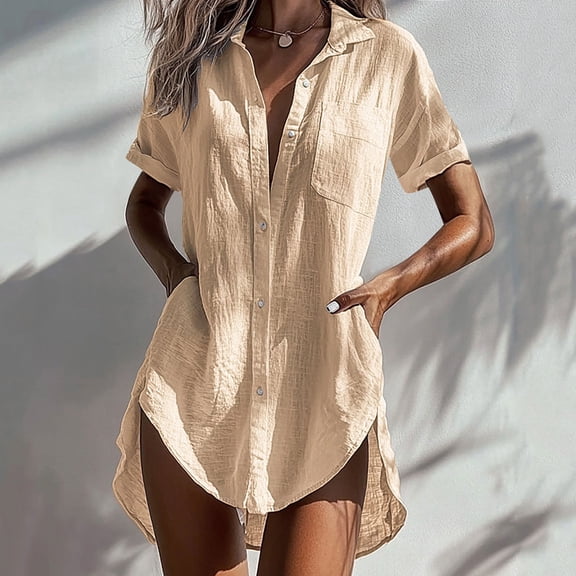 ITSAME Women's Shirt Dress, Buttons Collar Short Sleeve Plus Size Summer Beach Irregular Hem Mini Dresses Beige 4XL