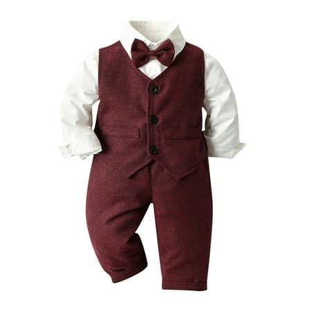 

QWERTYU Toddler Baby Child Boy Clothing Set Bow Tie Shirts and Pants Set Long Sleeve Outfit Deep Red