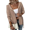 thumbnail image 1 of Women Knitted Open Front Outerwear Drawstring Hooded Zip Up Hoodie Sweater with Side Pockets Khaki, 1 of 2