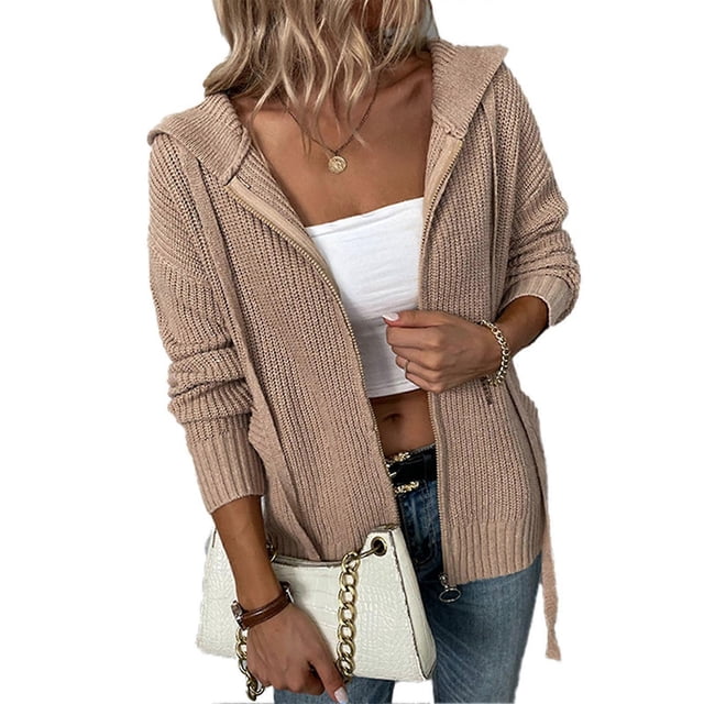 Women Knitted Open Front Outerwear Drawstring Hooded Zip Up Hoodie Sweater with Side Pockets Khaki