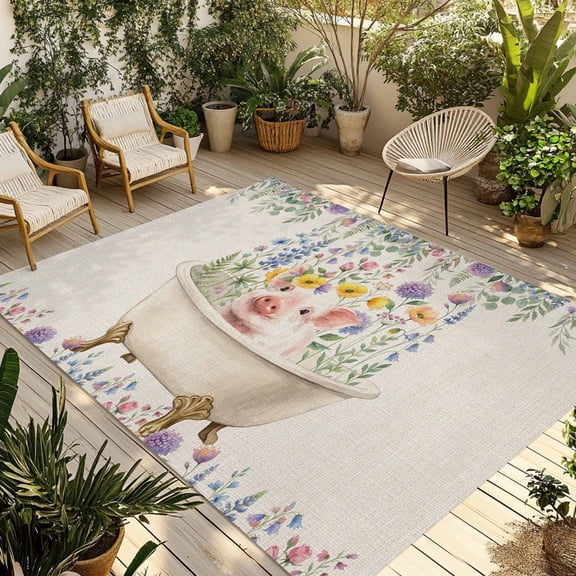 Spring Floral Pig Outdoor Rug for Patio/Deck/Porch, Non-Slip Large Area Rug 6 x 9 Ft, Weeping Flowers Leaves Farmhouse Rustic Indoor Outdoor Rugs Washable Area Rugs, Camping Rug Carpet Runner