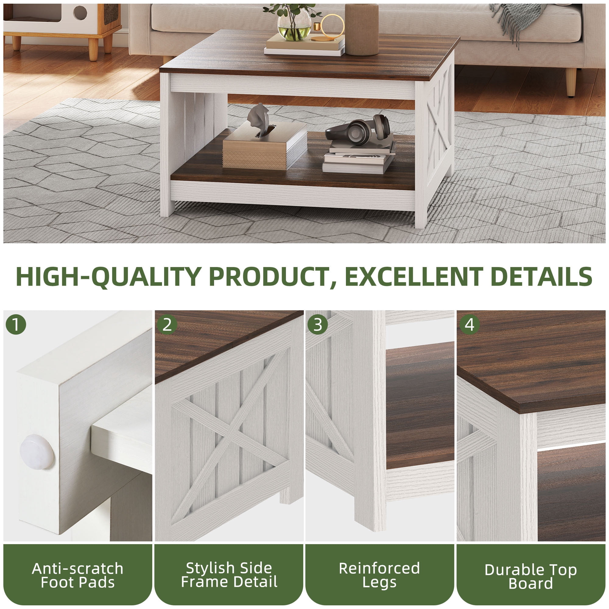 Uforic Rustic Farmhouse Coffee Table with Half-Open Storage, Square Rustic Wood Cocktail Table for Living Room, Brown with White