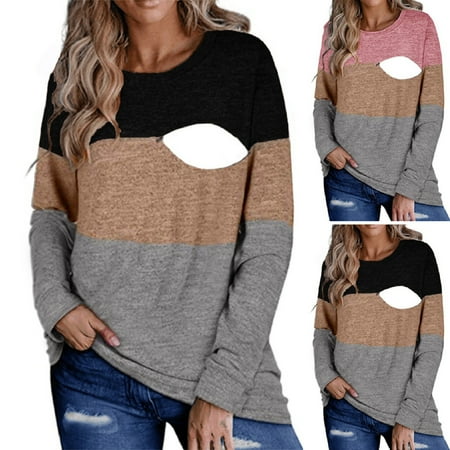 

Tejiojio Maternity/Labor/Nursing Clothing Clearance Maternity O-Neck Splicing Long Sleeve Breast-Feeding Pregnant Woman Nursing Zipper Blouse Tops