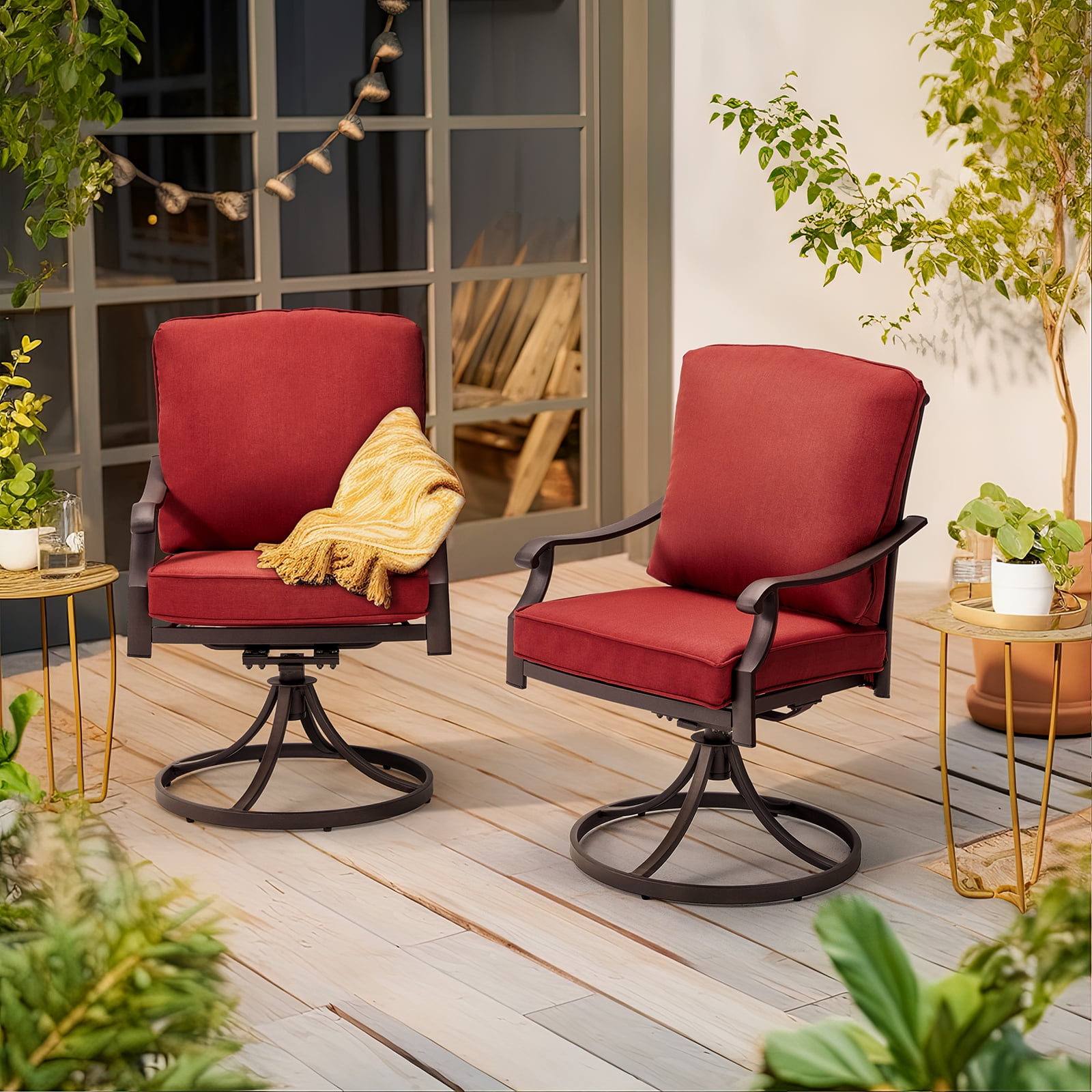 MELLCOM Patio Swivel Chair Set of 2, Heavy Duty Outdoor Dining Chairs with Thickened Cushions, Metal Patio Chairs Gentle Rocker for Outside, Garden Lawn & Porch, Backyard, Red