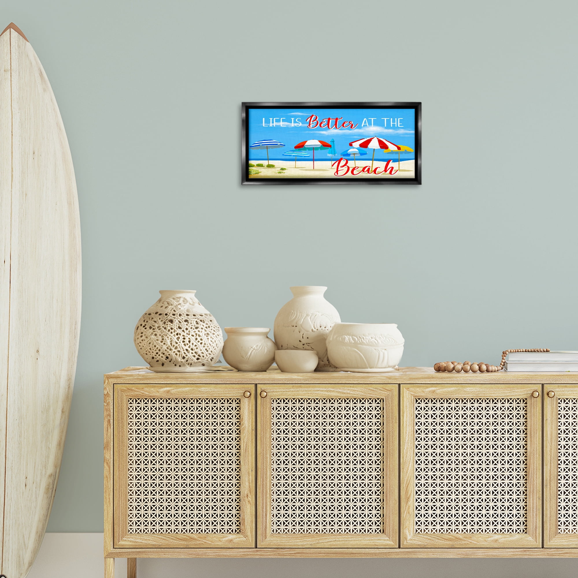 Stupell Industries Better At Beach Scene Landscape Painting Black Floater Framed Canvas Art Print Wall Art, 25 x 11