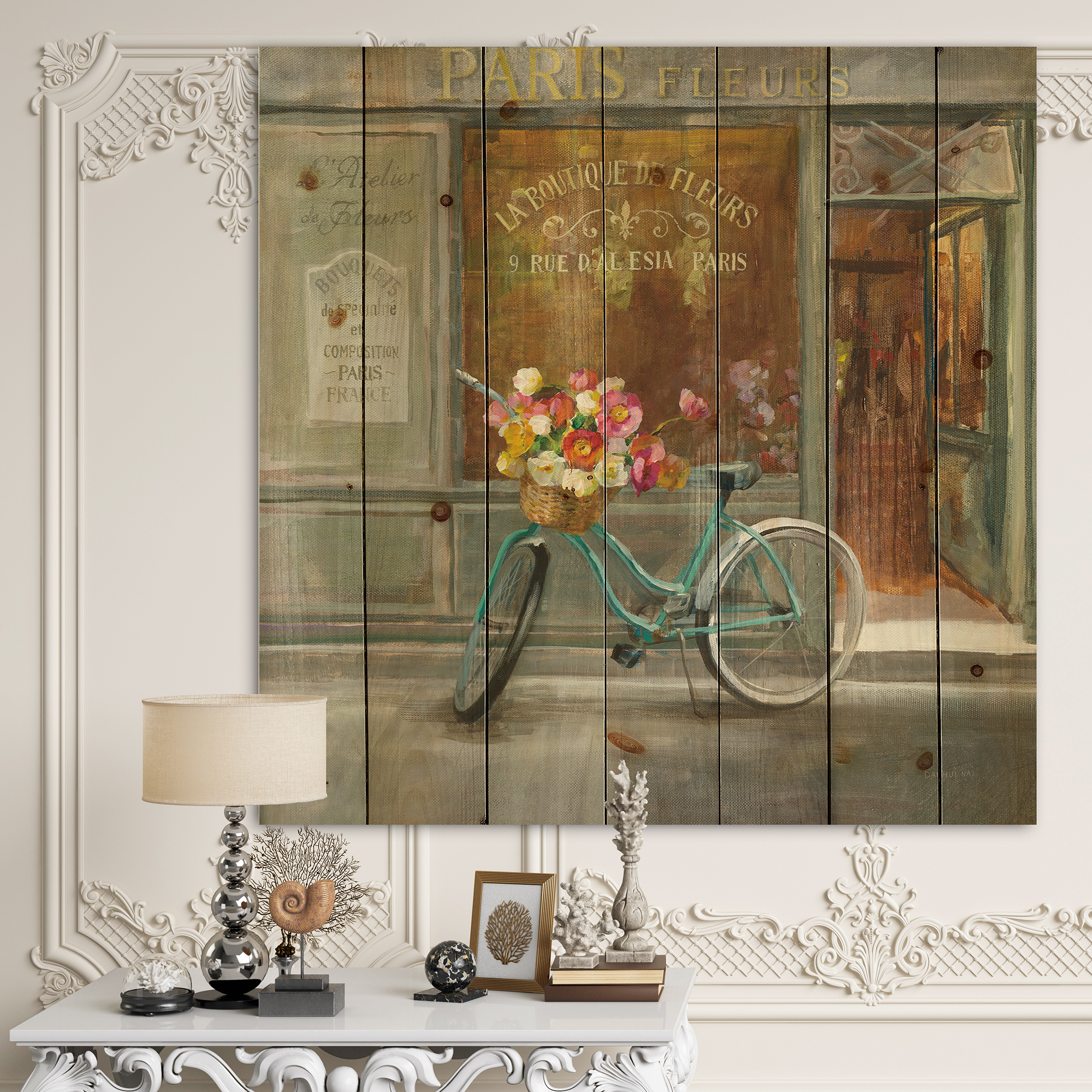 Designart 'Paris French Flowershop With Bicycle' Traditional Print on Natural Pine Wood