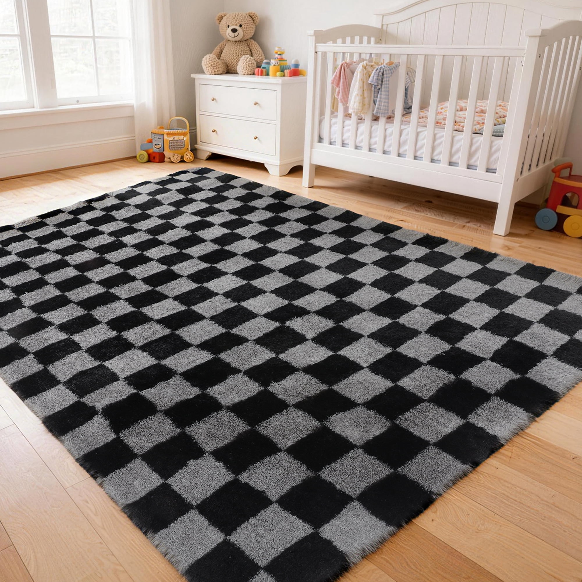 CozyDesg Shag Area Rugs,5'x8' Soft Fluffy Floor Rugs Checkered Carpet，Washable Area Rugs for Living Room Bedroom Decor,Black & Grey