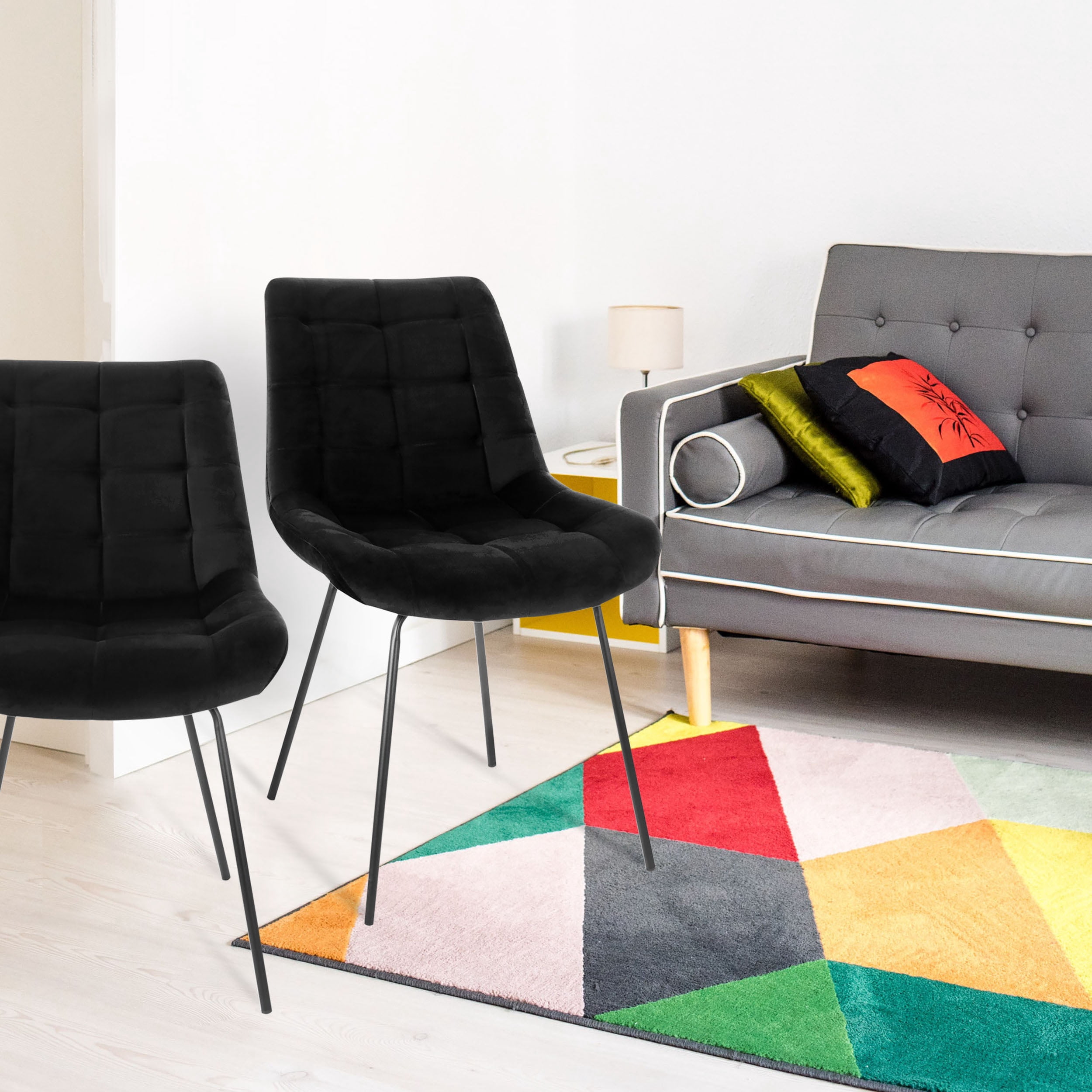 Elama 2 Piece Velvet Tufted Chair in Black with Metal Legs