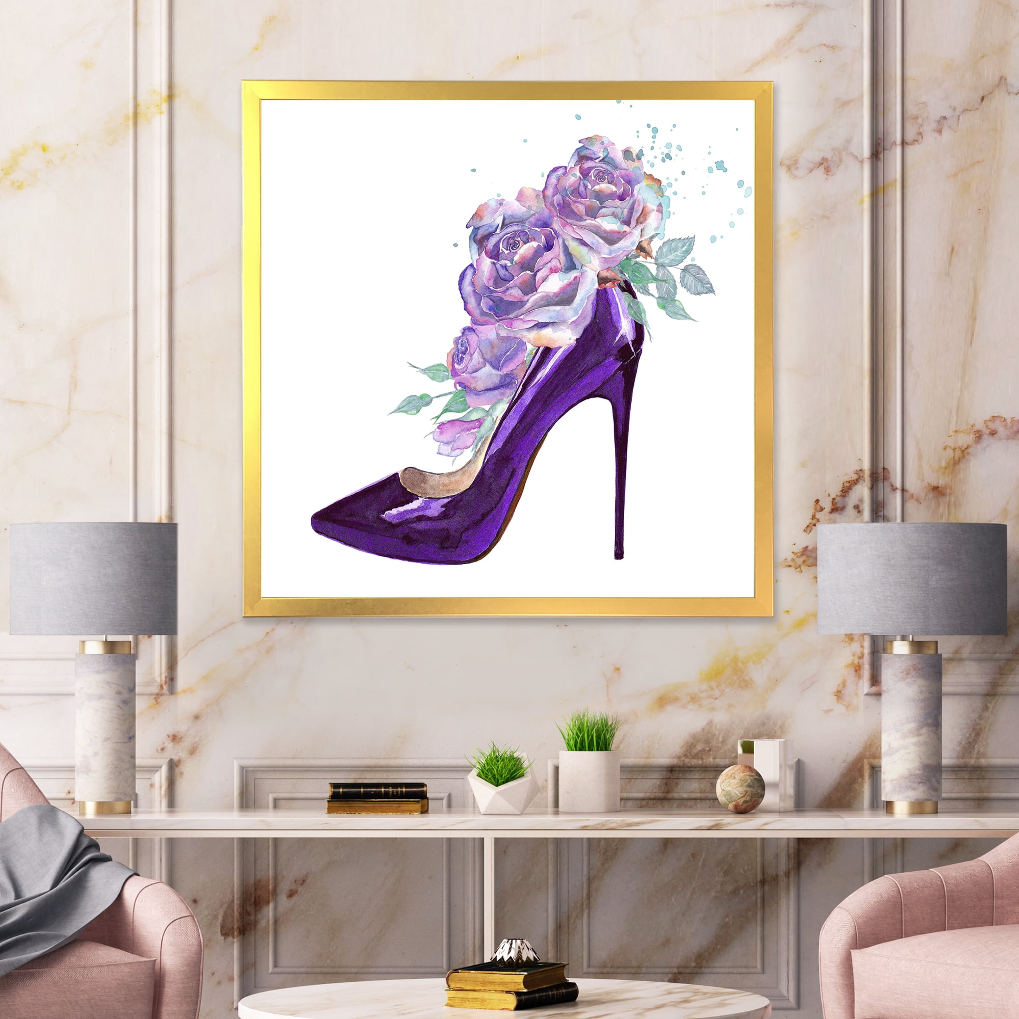 Designart 'Pink VIolet Roses With Dark Purple Stiletto Shoe' Traditional Framed Art Print