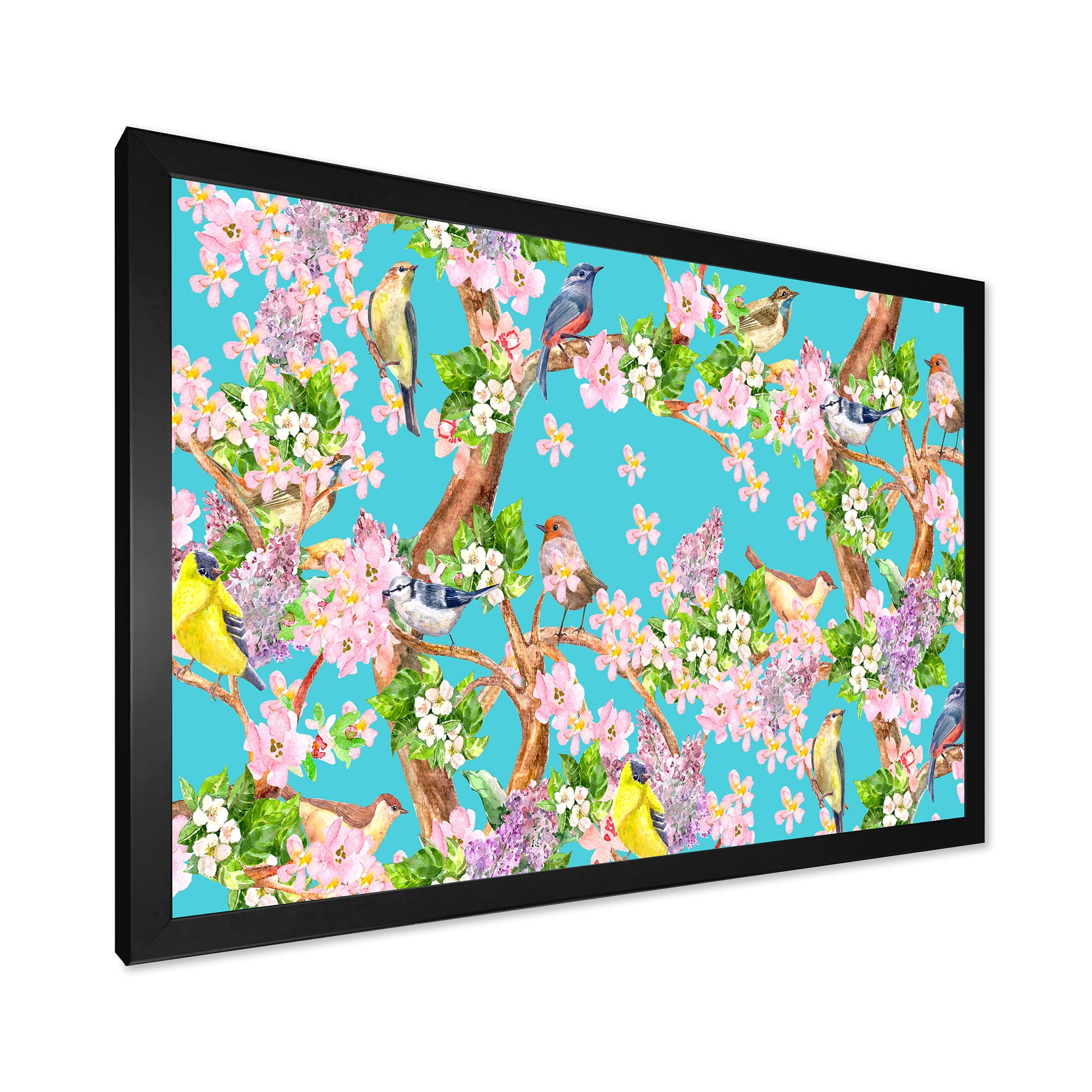 Little Birds Sitting On Spring Flow Tree 40 in x 30 in Framed Painting Canvas Art Print, by Designart