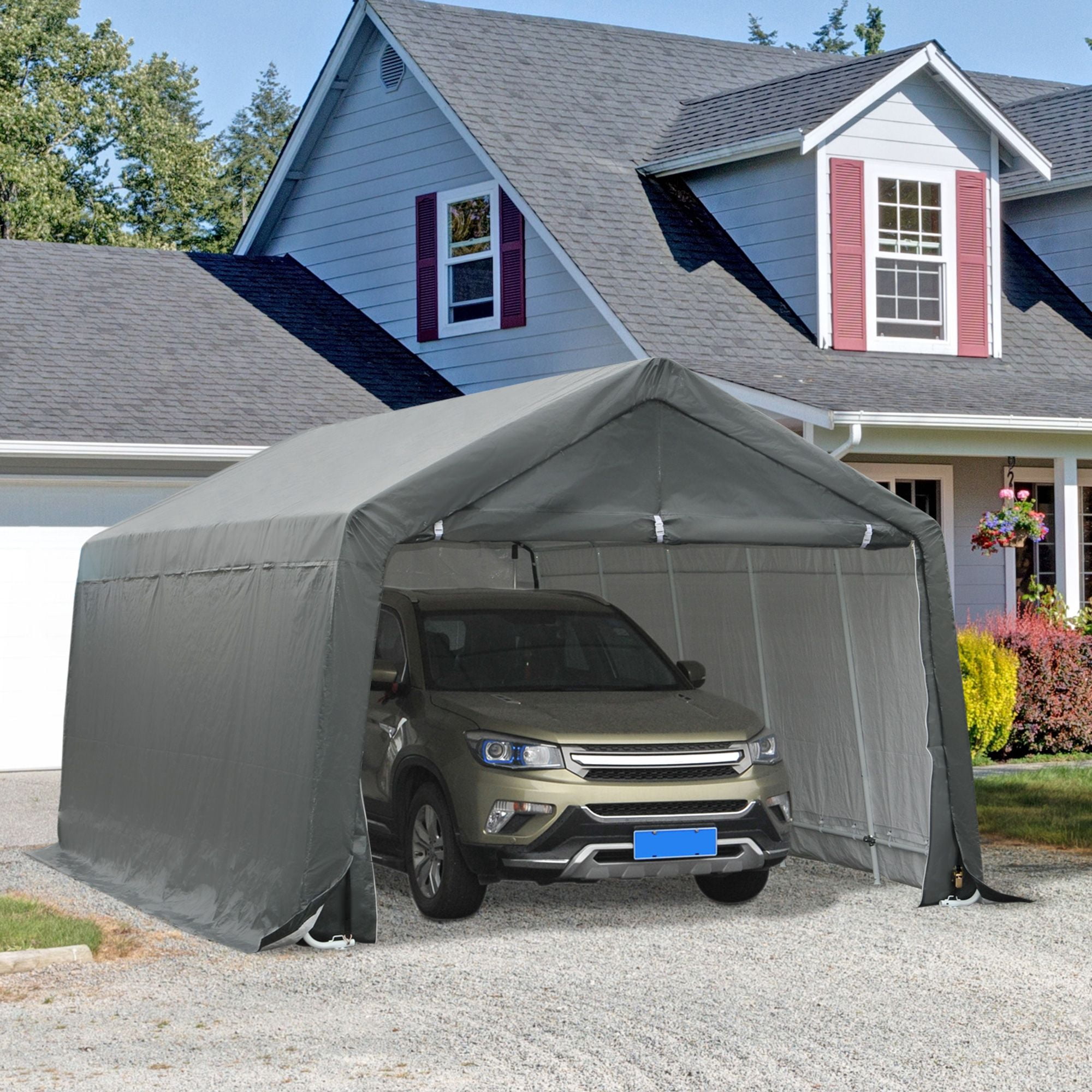 Outsunny 12' x 20' Portable Carport Garage, Heavy Duty Galvanized Steel Frame with UV-Resistant PE Cover, Gray Outdoor Storage Tent for Car, Garden Tools & Motorcycle, 236"x142"x108"